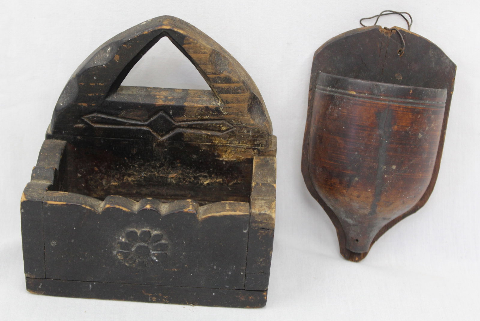 Lot of 2 miniature carved wooden wall boxes incl 1 in black paint - 5" tall x 5"x3" & 5 1/4" tall x (1 of 8)
