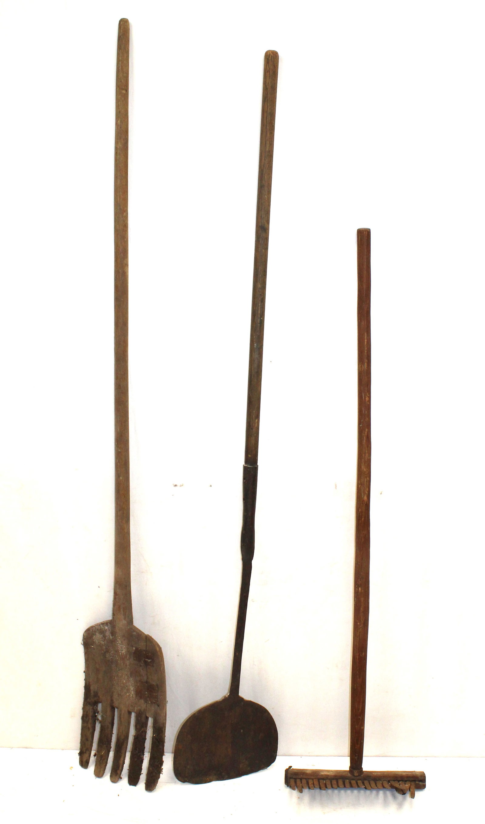 Lot of 3 early wooden garden tools incl rake, edger & fork - 51"-68" tall (1 of 4)