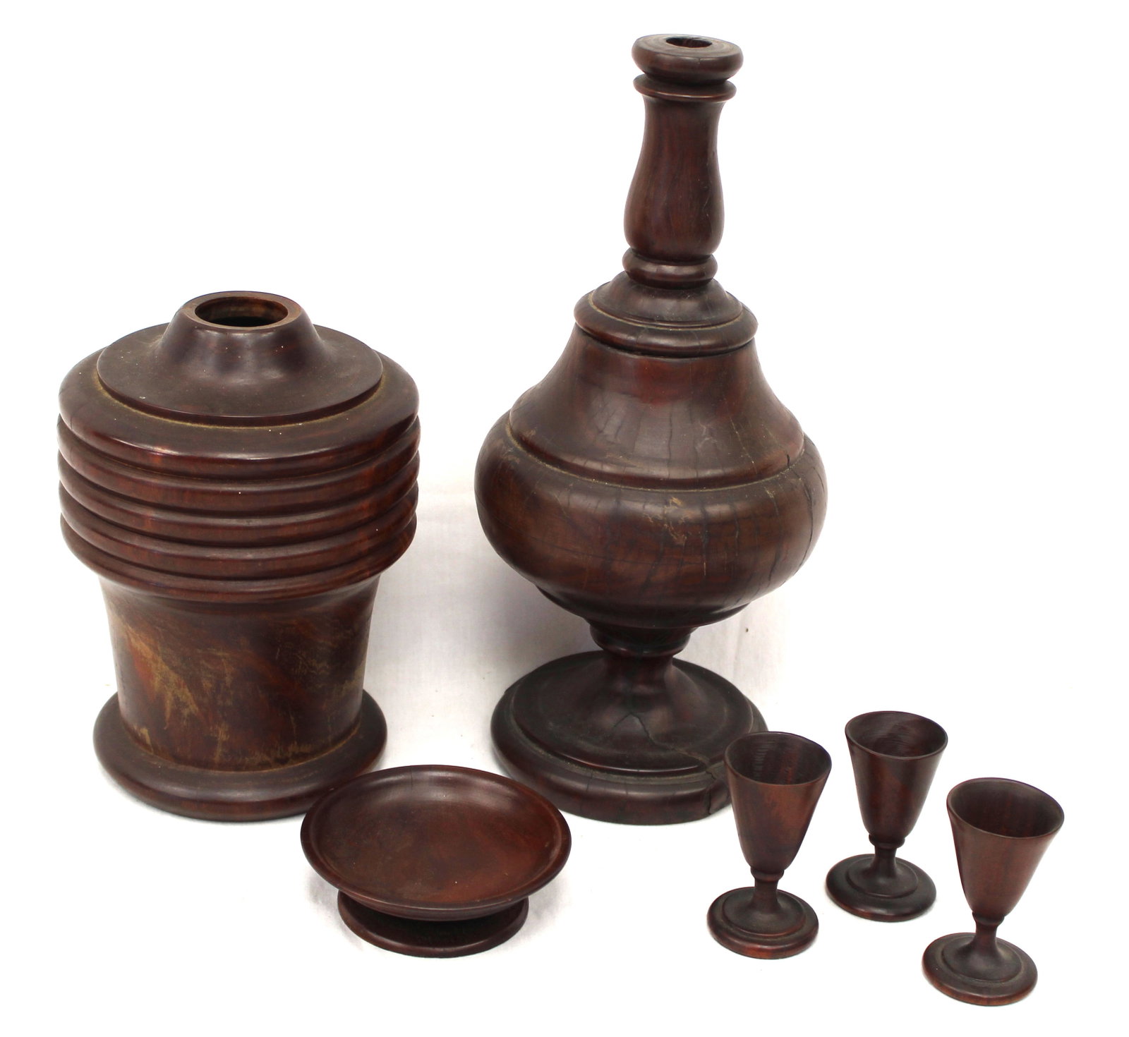 Lot of 6 antique treen items incl 3 sherry's, a bowl, a bottle & a lamp - 2 3/4" tall - 11 1/2" tall (1 of 7)