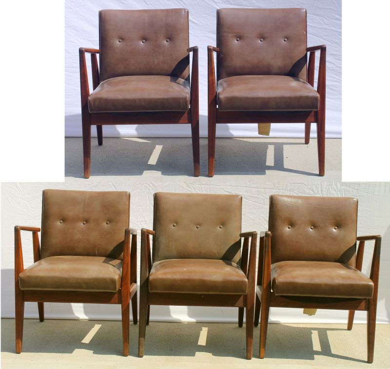 Set of 5 signed Jens Risom mid-century modern designer: Set of 5 signed Jens Risom mid-century modern designer arm chairs with leather upholstery