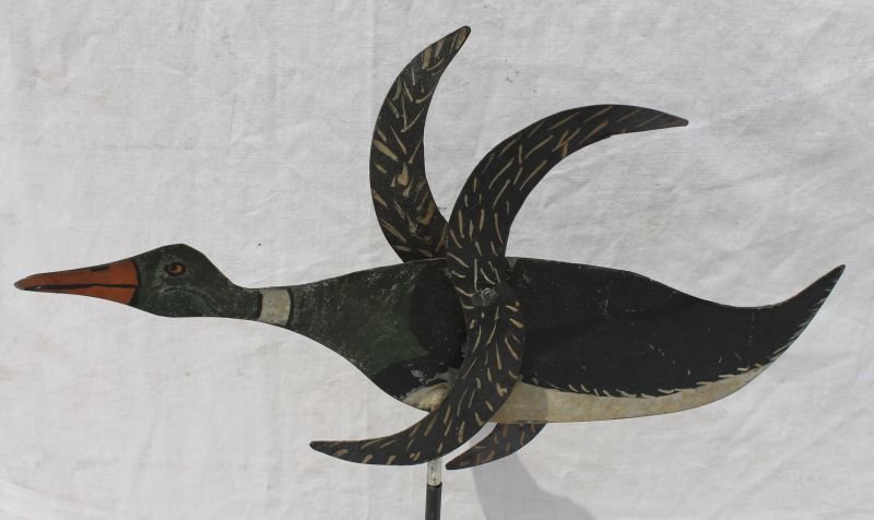 Fabulous sheet iron ca 1920 New England 14" long: Fabulous sheet iron ca 1920 New England 14" long Mallard duck Whirligig in best orig expertly painted dry surface -desirably diminutive & great cond