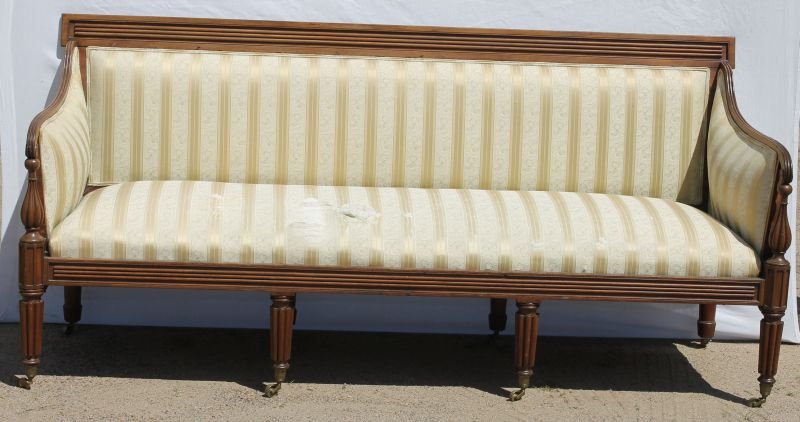 Fine period Sheraton ca 1800-1815 carved mahog: Fine period Sheraton ca 1800-1815 carved mahog Baltimore 80" long sofa attrib to Timothy Needles