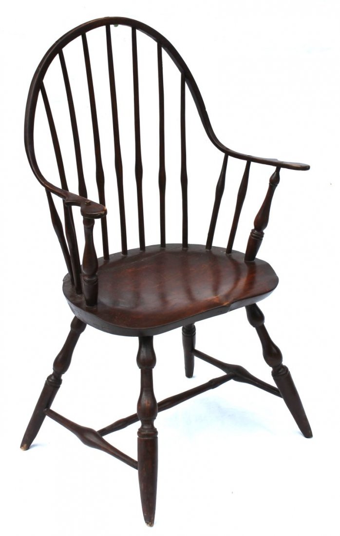 Wonderful form ca 1790 Eastern, CT Windsor continuous: Wonderful form ca 1790 Eastern, CT Windsor continuous armchair in ash & maple w nice bulbous turnings & good height - 36 1/2 tall w 16" seat height