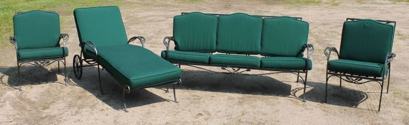 Fine style 4 pcs matching wrought iron patio furniture: Fine style 4 pcs matching wrought iron patio furniture w acorn & oak leaf dec incl sofa, adjustable back chaise lounge & 2 arm chairs - all w cushions