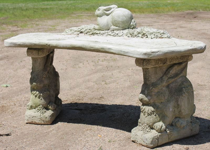 Wonderfully whimsical 3 pc cement garden bench w rabbit