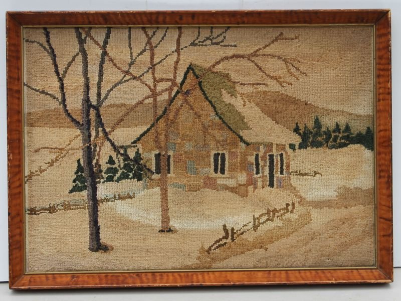 13x18 1/2 Grenfell mat winter landscape in great faux: 13x18 1/2 Grenfell mat winter landscape in great faux tiger maple orig grain ptd frame - together with a 10x12 "Murry Bay" homespun mat winter landscape