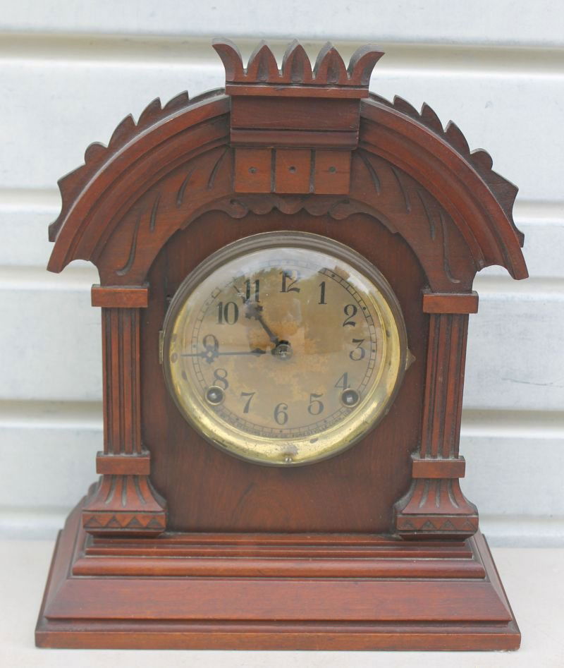 Victorian carved walnut Sessions mantle clock - 14": Victorian carved walnut Sessions mantle clock - 14" tall