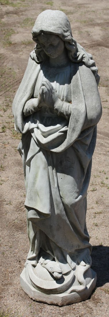 42" tall cement garden sculpture depicting Praying: 42" tall cement garden sculpture depicting Praying Madonna with her foot on a serpent w apple in its mouth