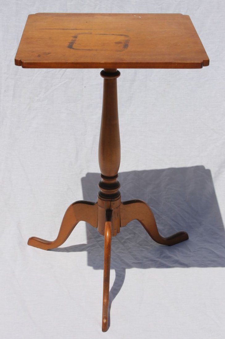 18th C QA period CT cherry cut corner snake ft candle: 18th C QA period CT cherry cut corner snake ft candle stand in old finish - 25" tall