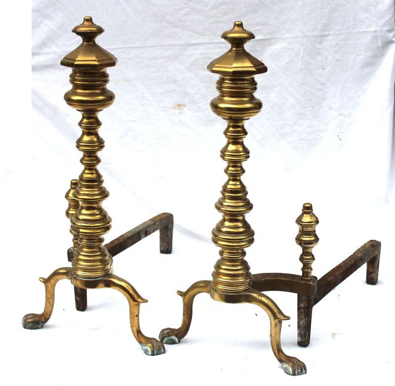 Fine pr of antique Chippendale ball & claw ft andirons: Fine pr of antique Chippendale ball & claw ft andirons w wonderful turnings & octagonal top w matching log stops - 19" tall