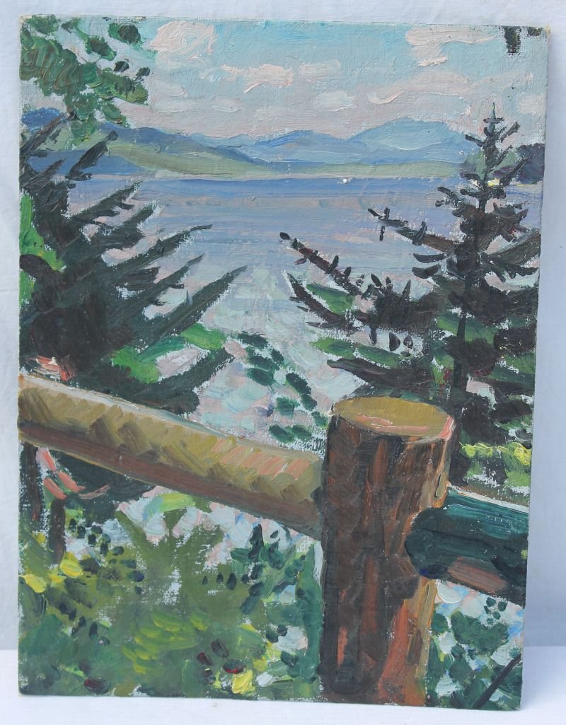 Guy Gayler Clark (American Illustrator) estate stamped: Guy Gayler Clark (American Illustrator) estate stamped 12"x9" o/bd Adirondack scene featuring fence posts in foreground - Note: he was the Art Director of the NY Times 1914-16 - painted w Robert Henri