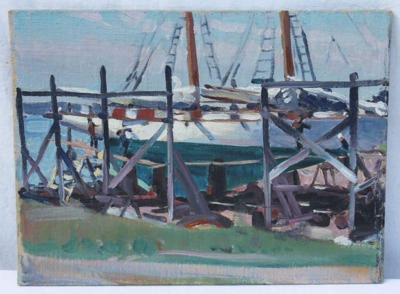 Guy Gayler Clark (American Illustrator) estate stamped: Guy Gayler Clark (American Illustrator) estate stamped 9"x12" o/bd ship in dry dock scene - Note: he was the Art Director of the NY Times 1914-16 - painted w Robert Henri, Geo. Bellows & Wm. Merritt C