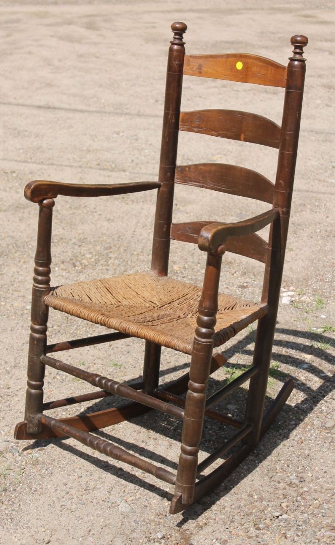 ca 1730-50 New England 4 slat ladderback armchair in: ca 1730-50 New England 4 slat ladderback armchair in structurally orig condition (note turnings below stretchers) - rockerized in the 19thC - 41" tall