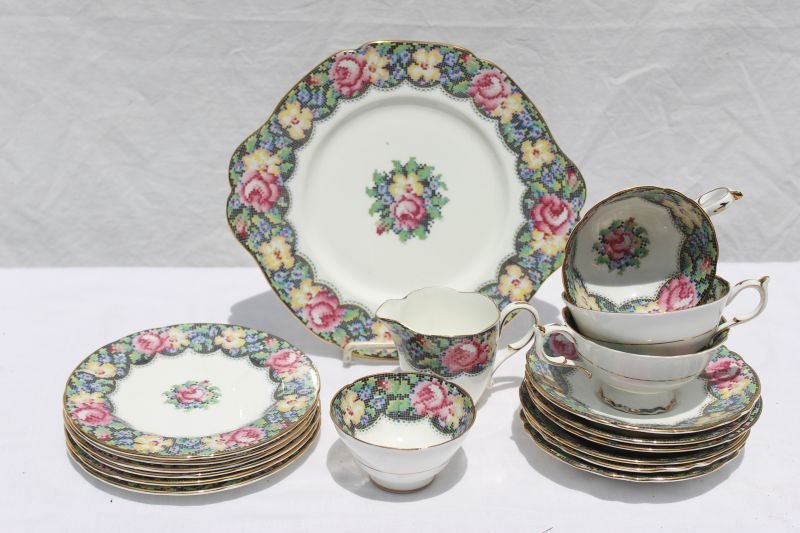 ca 1940's Paragon Chintz "Pettipoint" pattern 17pc: ca 1940's Paragon Chintz "Pettipoint" pattern 17pc partial tea set - Bemben Estate
