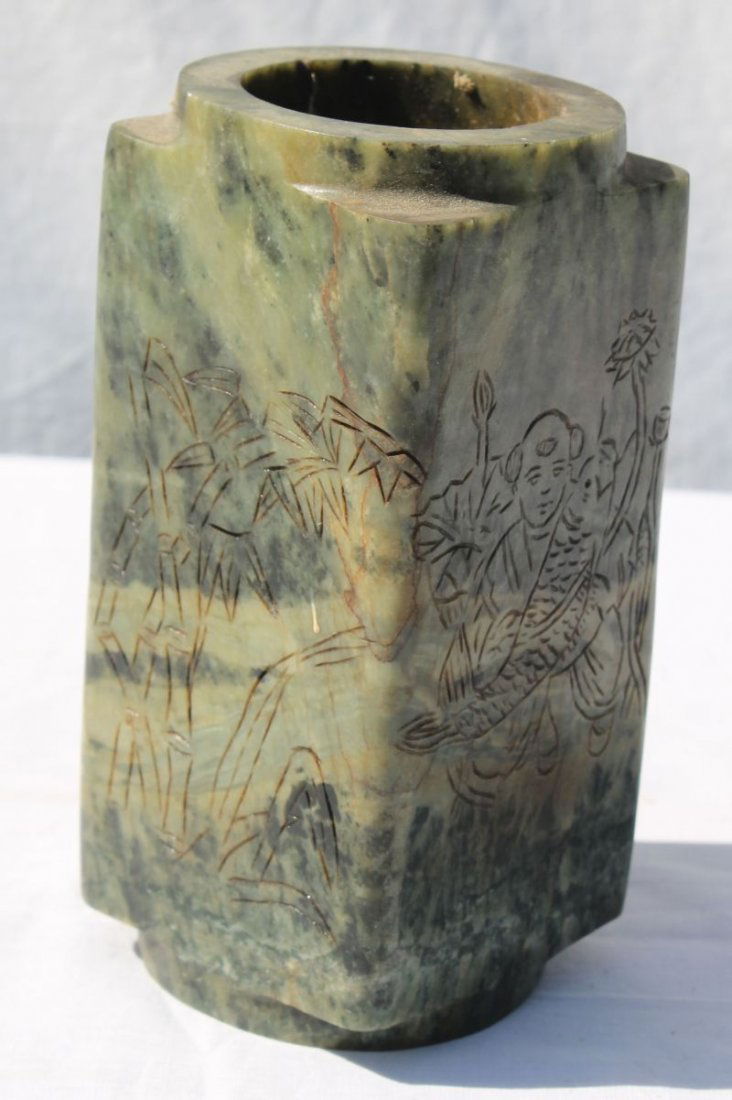 Chinese carved jade Cong vase w intaglio carved bird,: Chinese carved jade Cong vase w intaglio carved bird, figural & floral dec - 7 1/4" tall
