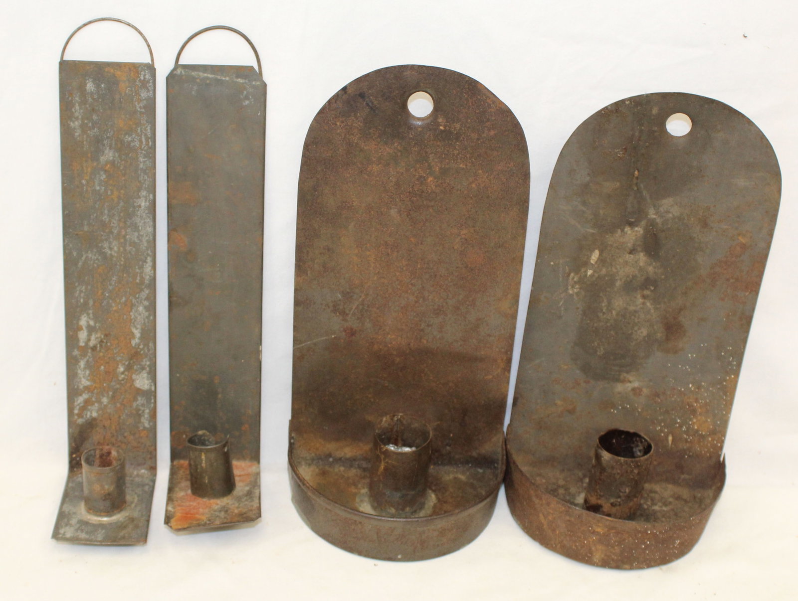 Lot of 2 pairs of antique tin candle wall sconces - 2"x10" & 5"x10" (1 of 8)