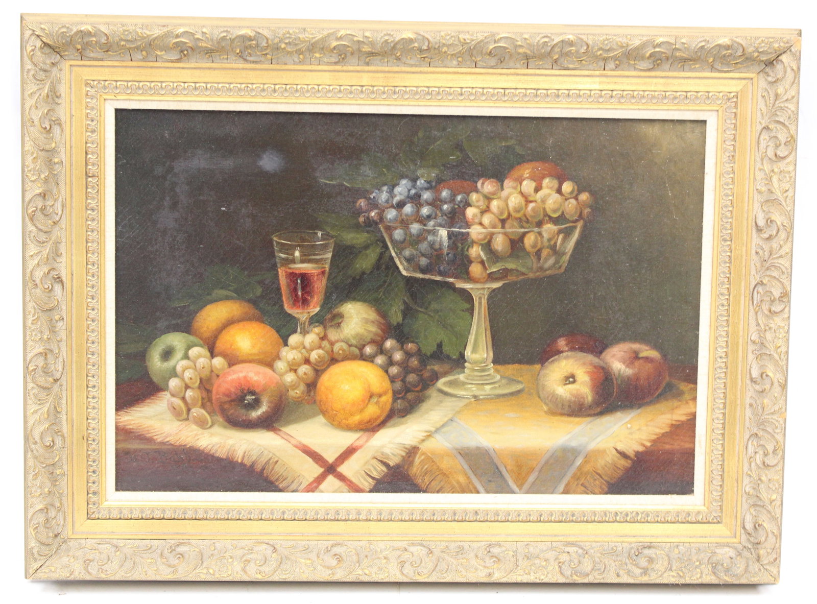 Antique o/c still life of fruit, compote & glass of wine on a table top - overall framed size 22"x31 (1 of 10)