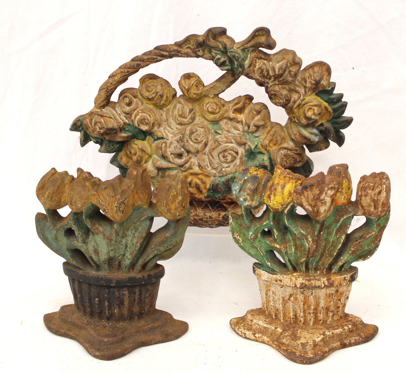 Lot of 3 antique cast iron basket of flowers doorstops - 8" - 9 1/2" tall (1 of 9)