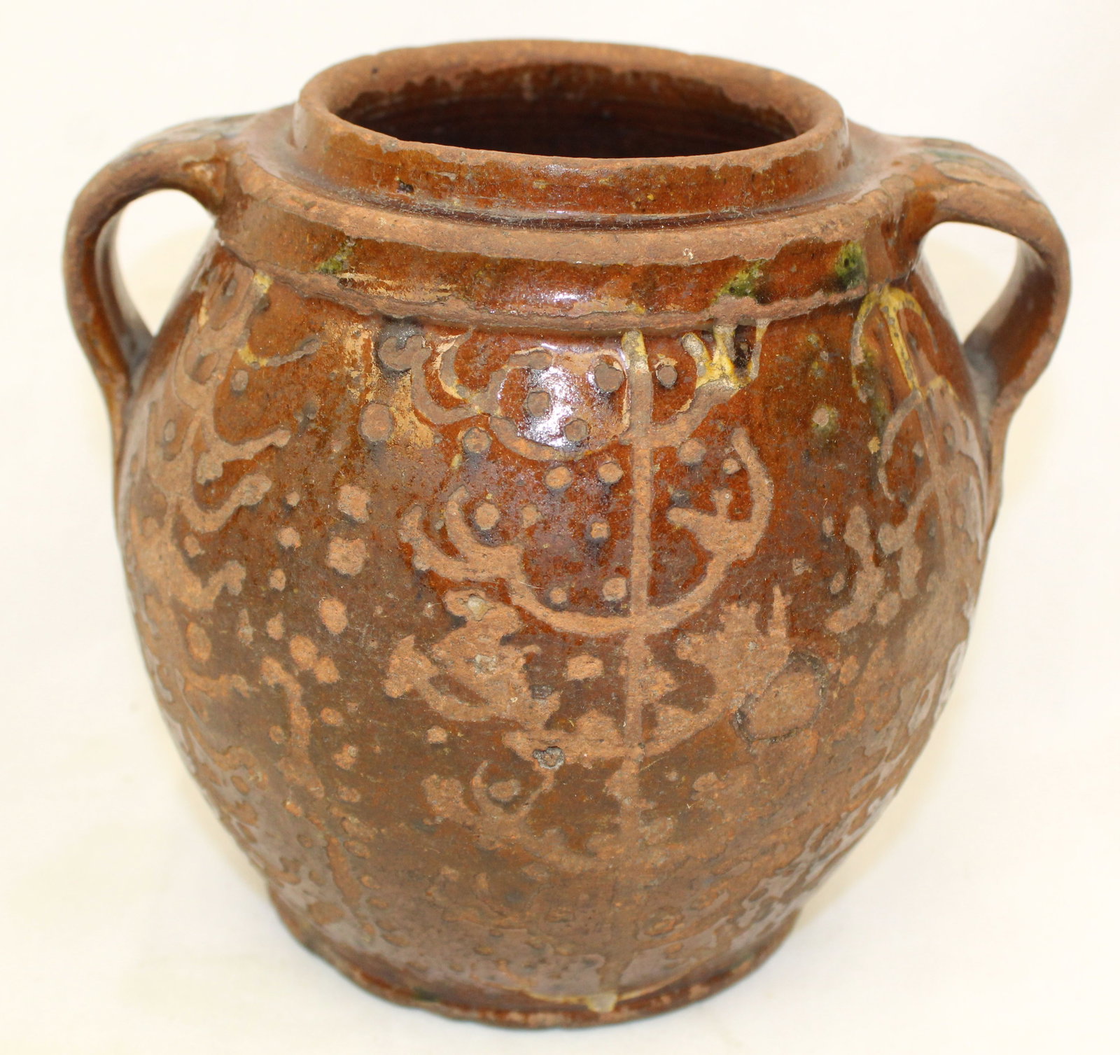 Antique 2 handled redware jar - 6 1/2" tall x 7" wide (1 of 7)