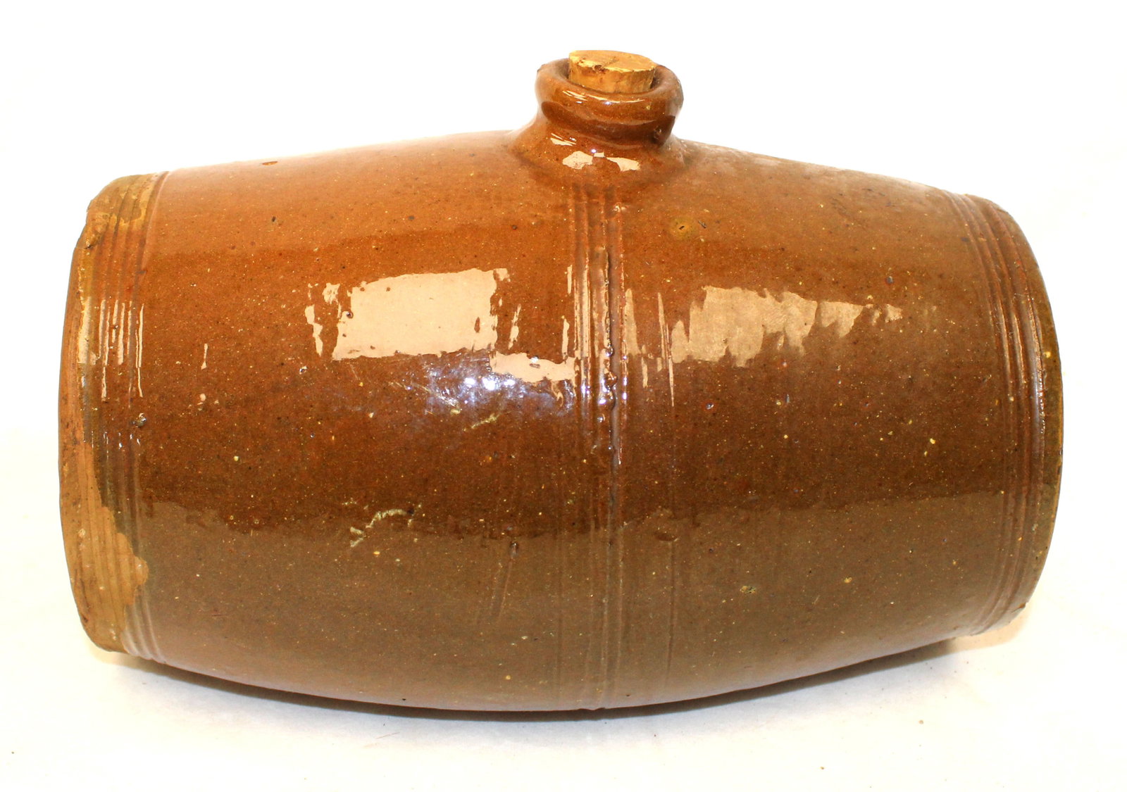 Antique redware barrel form keg - 6 1/2"x9"x4 1/2"