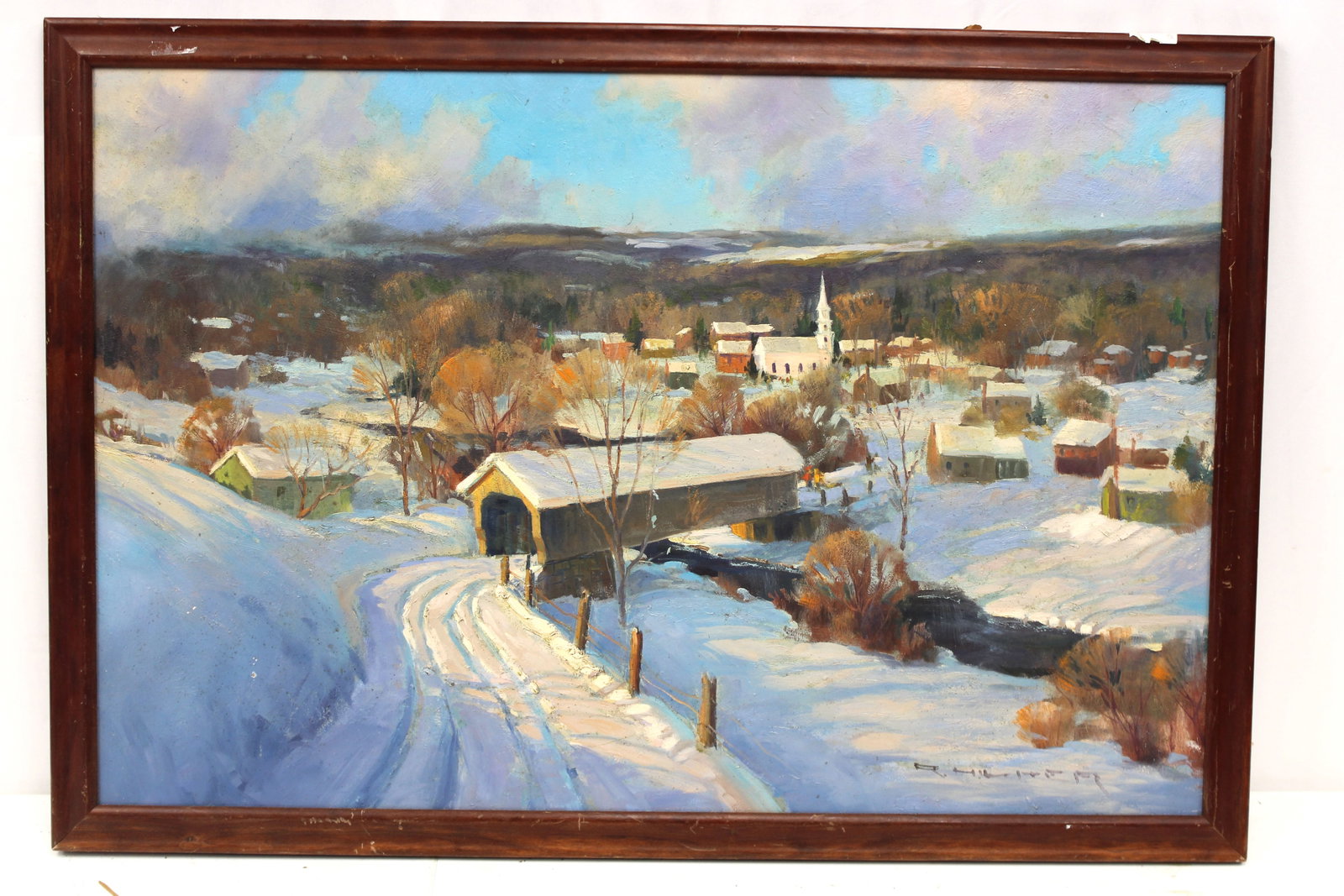 Signed R Hilder (?) o/bd New England winter scene of town & church - overall framed size 22"x32" (1 of 8)
