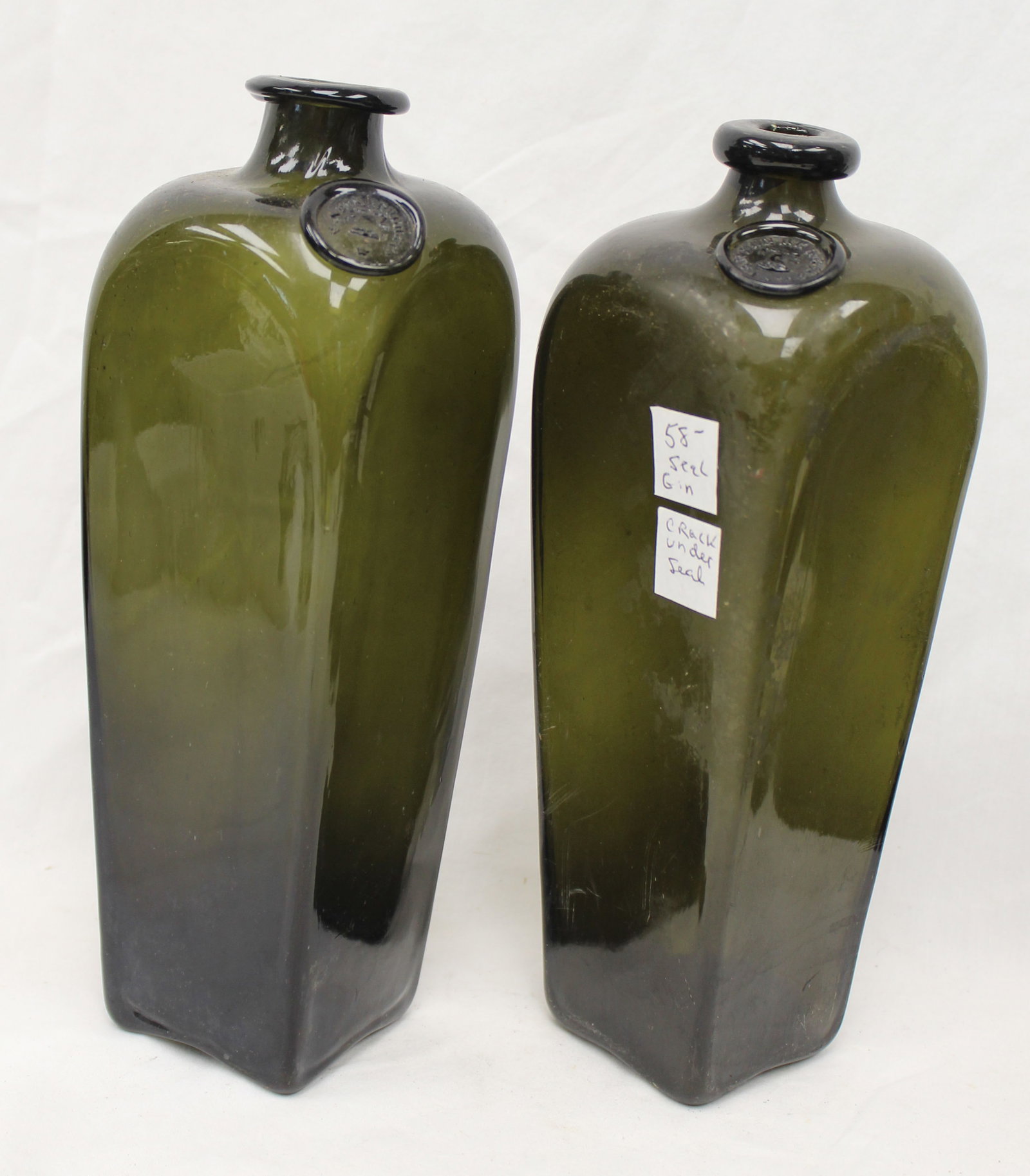 Lot of 2 early green glass gin bottles - 10 3/4" & 11" tall (1 of 9)