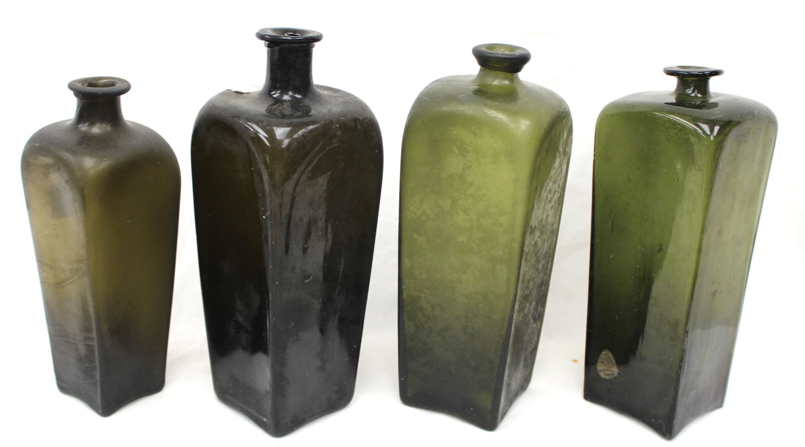 Lot of 4 antique green glass gin bottles - 8 3/4" - 10 1/2" tall (1 of 9)