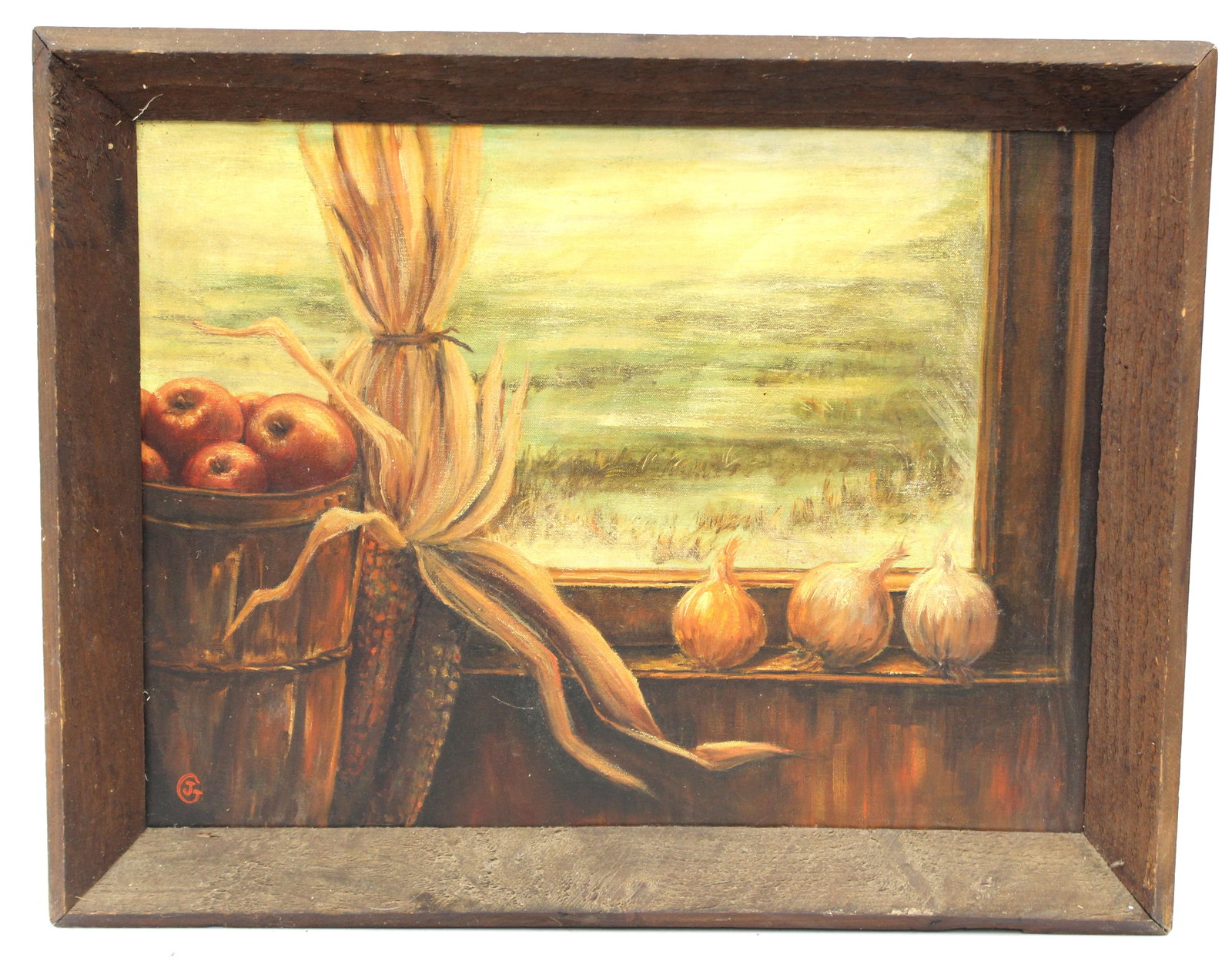 Signed Joan Gardner o/c harvest scene titled on verso "Onions" - overall framed size 21 1/2"x27" (1 of 10)