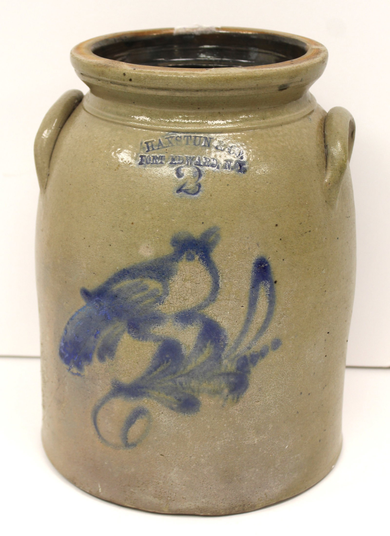 Haxstun & Co Fort Edward, NY 2 gal stoneware jug w bird cobalt dec - 12" tall x 7" diam (1 of 9)