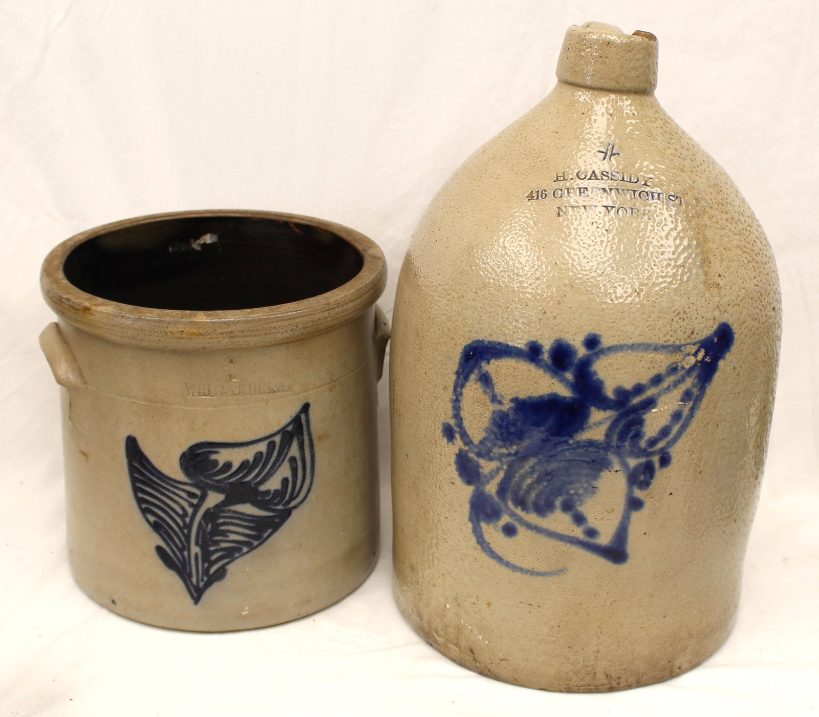 Lot of 2 antique cobalt dec stoneware items incl Whites Utica crock & H. Cassidy Greenwich, NY jug - (1 of 19)