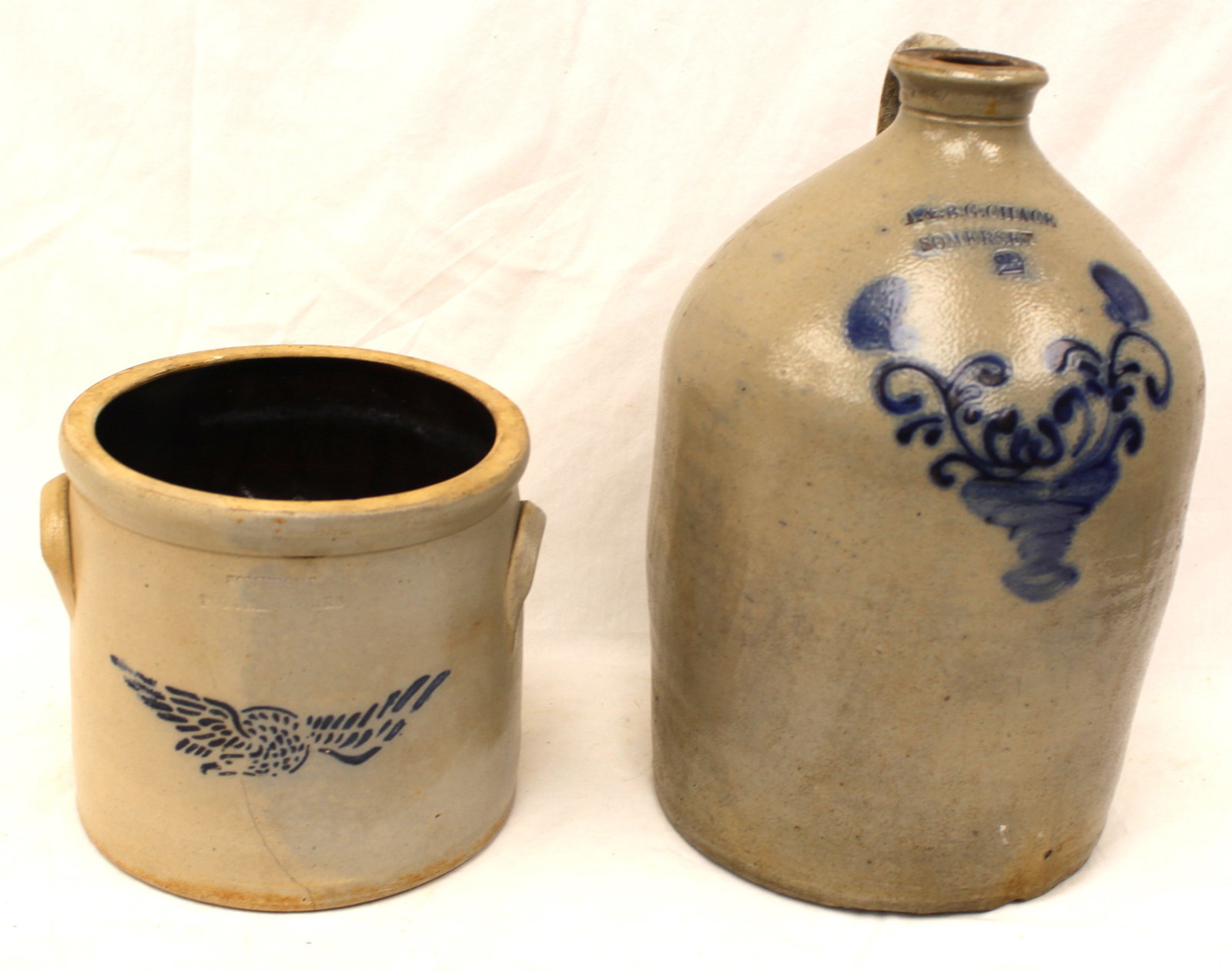 Lot of 2 antique Somerset stoneware cobalt dec items incl jug & crock - 7 1/2"x8 1/2" diam (1 of 12)