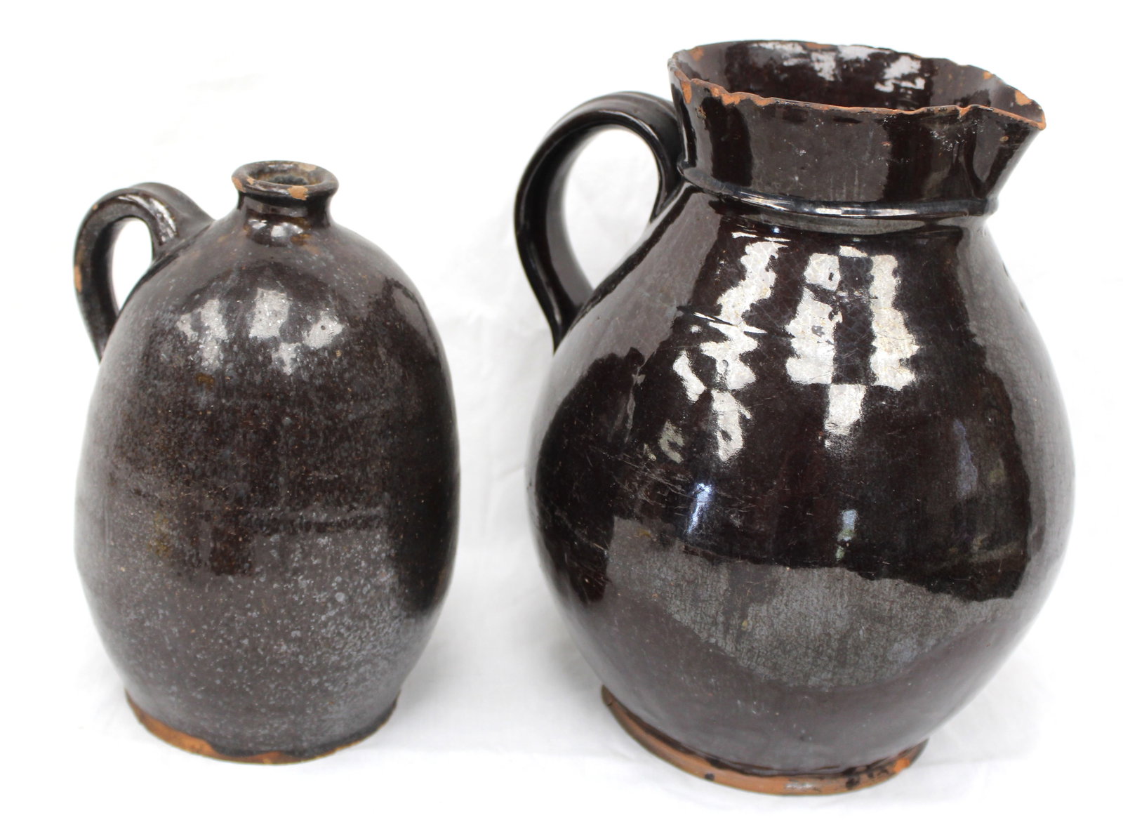 Lot of 2 antique redware items - pitcher & jug - 10 1/2" & 8 1/2" tall (1 of 12)