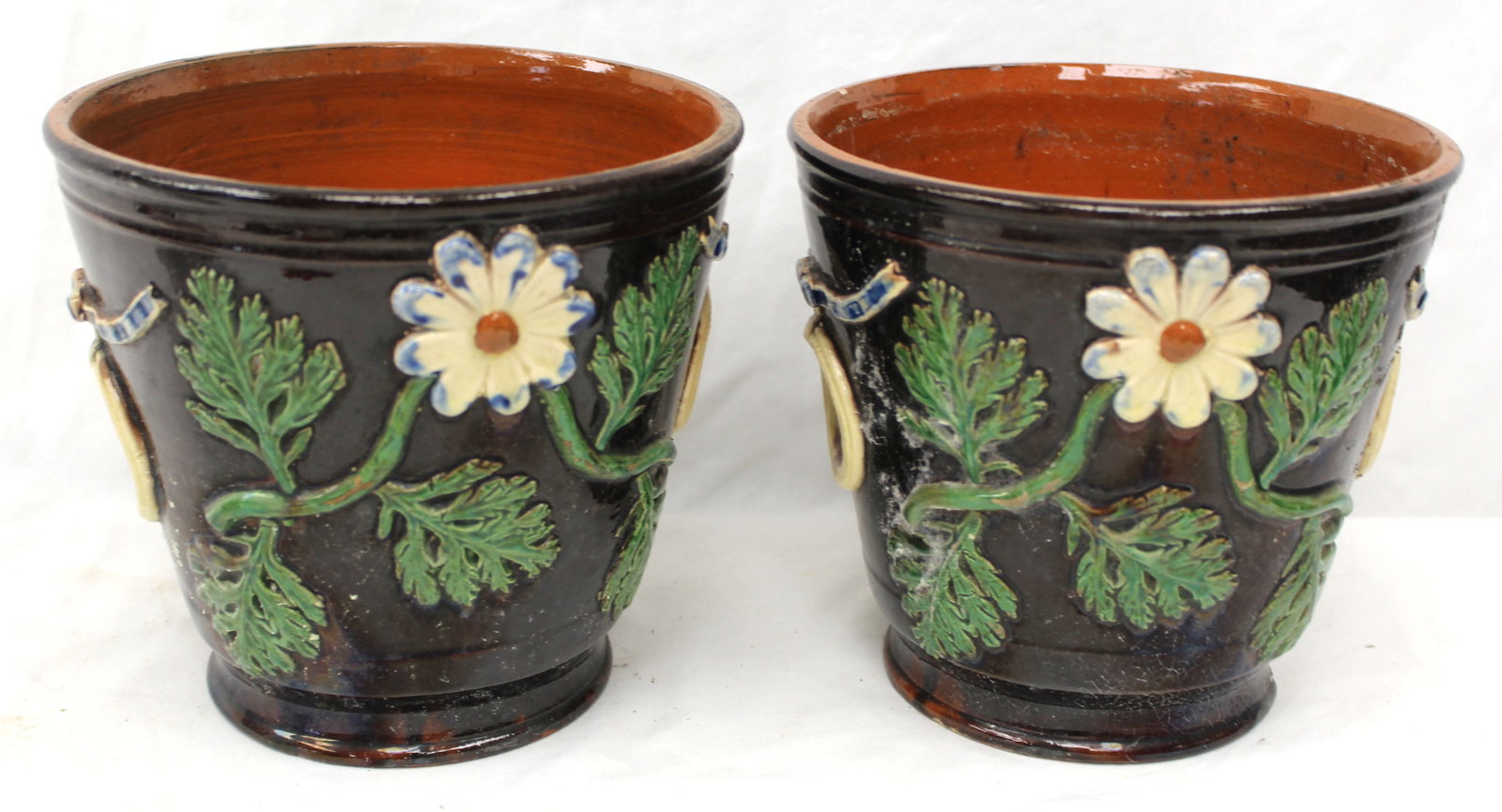 Lot of 2 earthenware planters w floral painted dec - 6 1/2" tall x 6 3/4" diam (1 of 7)