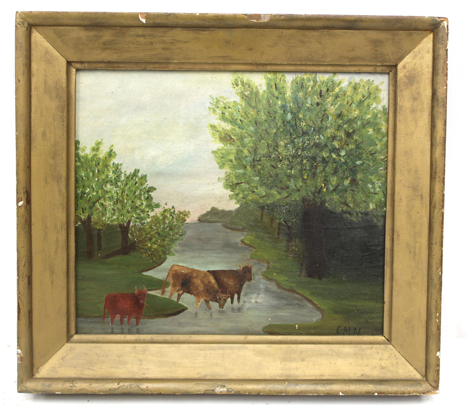 Antique o/c riverscape w cows watering initialed EMM - overall framed size 13 1/2"x15" (1 of 8)