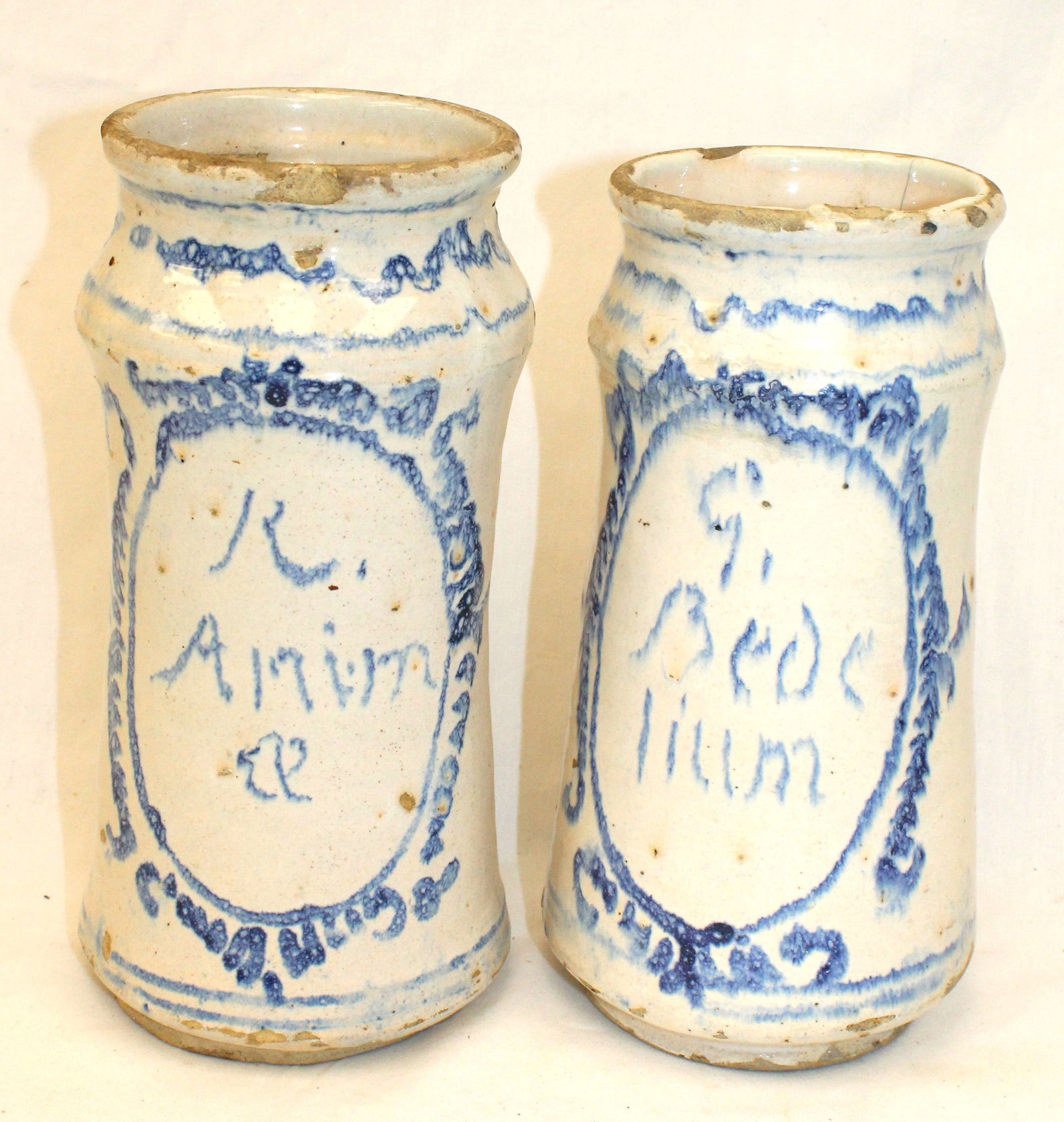 Lot of 2 antique tin glazed earthenware drug jars - 8 1/2" tall x 3 1/2" diam, (1 of 7)