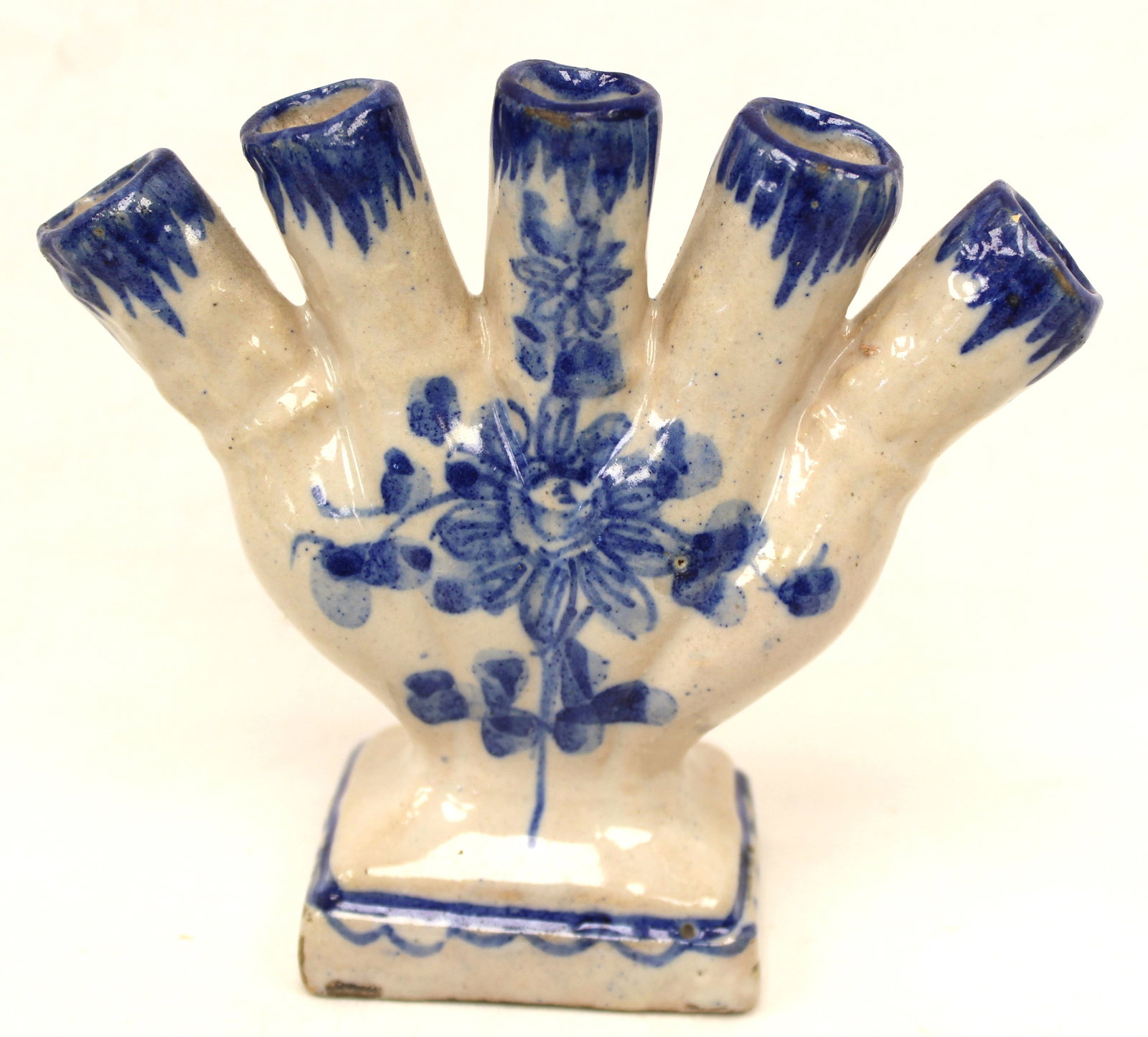 Antique tin glazed earthenware tulipiere vase - 4 1/2" tall x 5 1/4" wide (1 of 8)