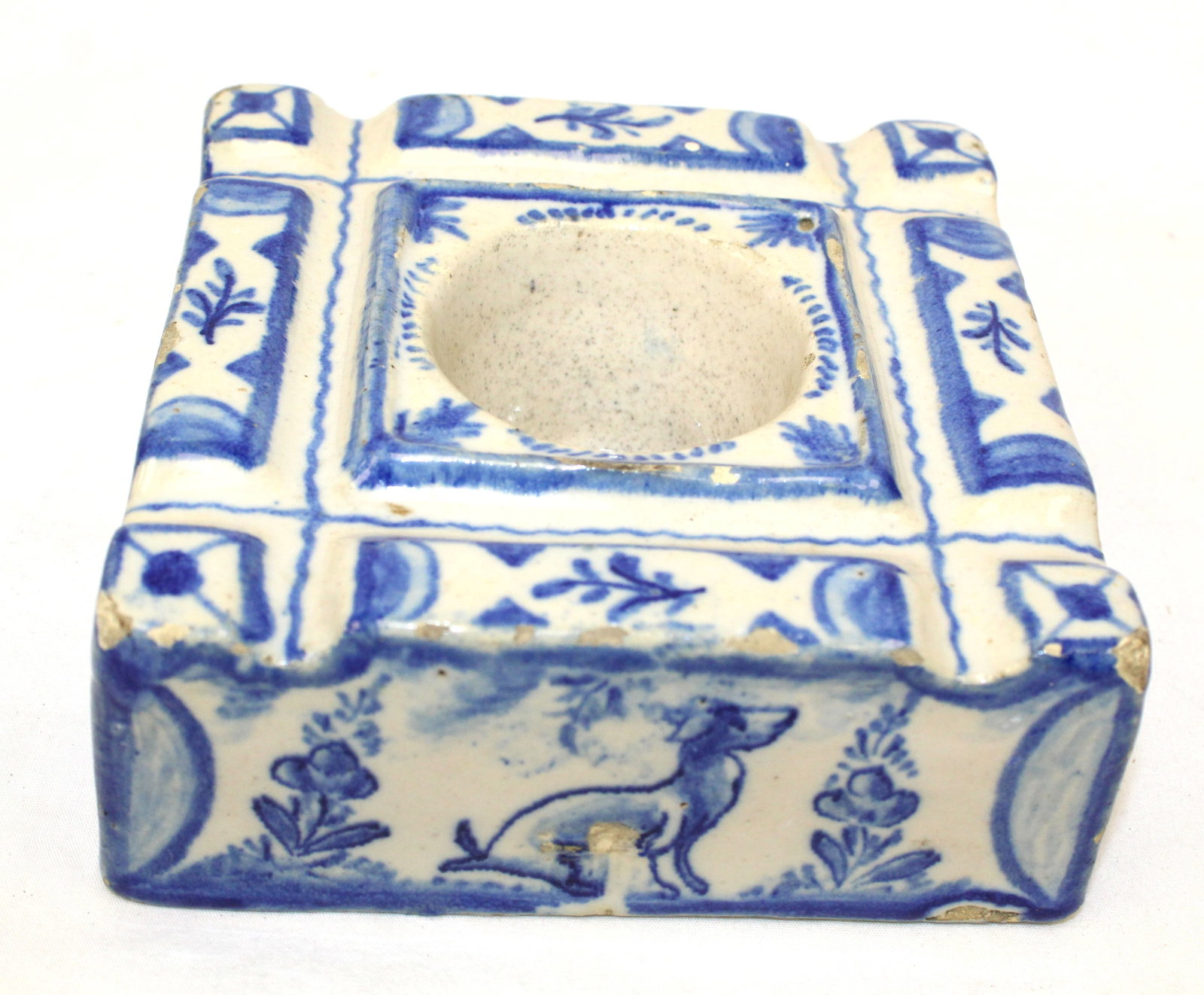 Antique tin glazed earthenware inkwell - 2"x5"x5" (1 of 5)