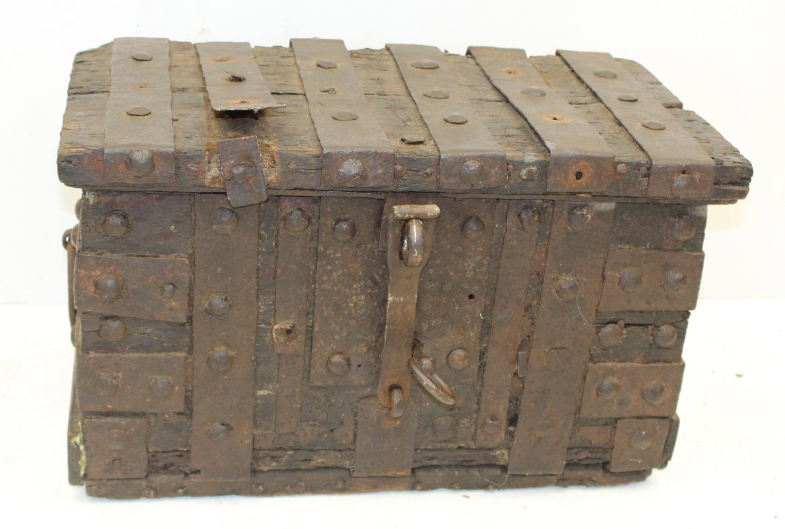 Early heavy wooden & iron bound lock box - 15" tall x 27"x17" (1 of 10)