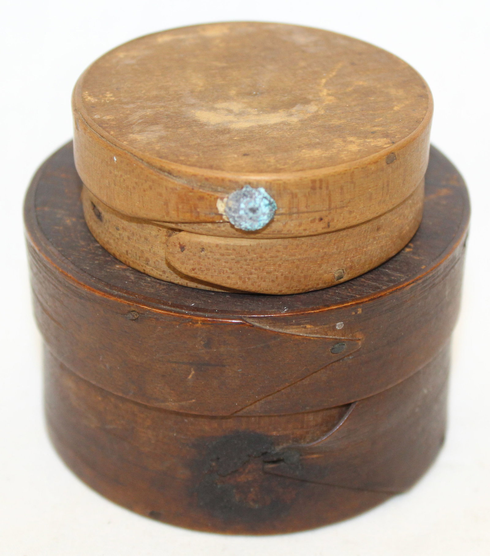 Lot of 2 antique round miniature pantry boxes - 1"x2" diam & 1 1/2"x3 3/4" diam (1 of 6)