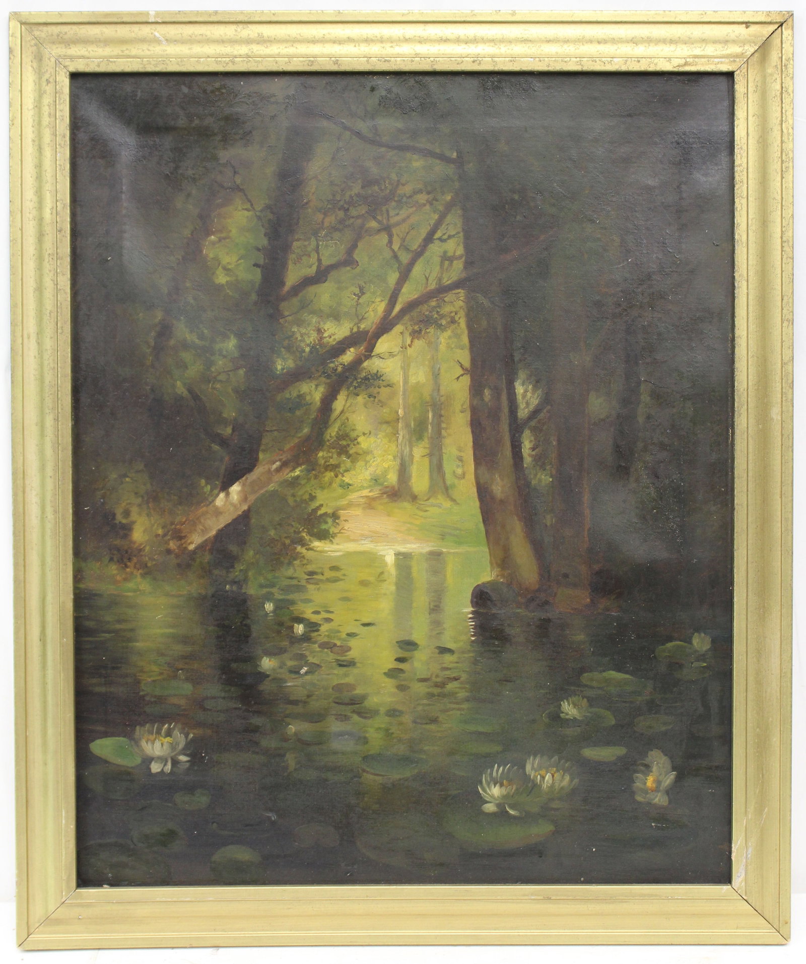 Antique o/c brook in forest interior - overall framed size 30 1/2"x25 1/2" (1 of 8)