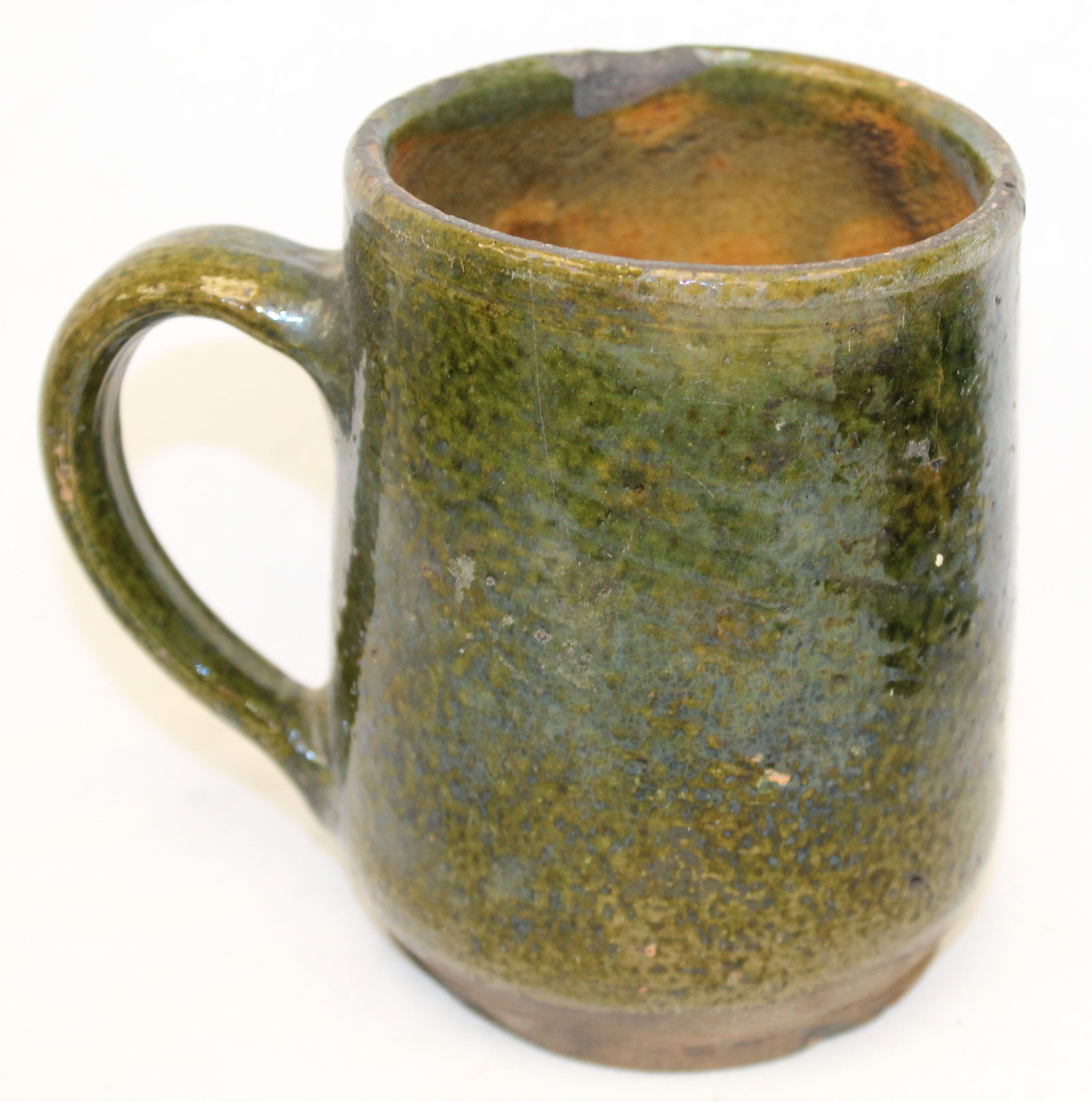 Antique redware mug w green glaze - 4 1/2" tall x 3 1/2" diam (1 of 7)