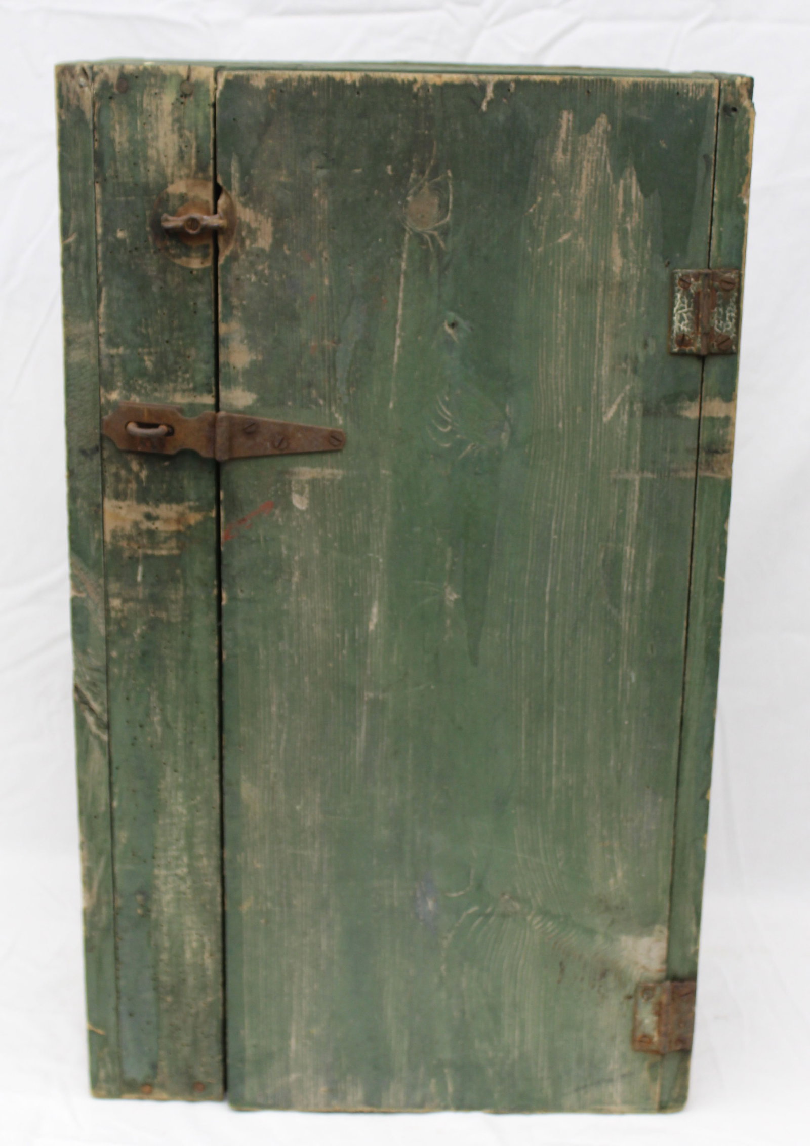 Antique 1 door wall hanging cupboard in green paint w shelf interior - 27" tall x 16"x9 1/2" (1 of 7)