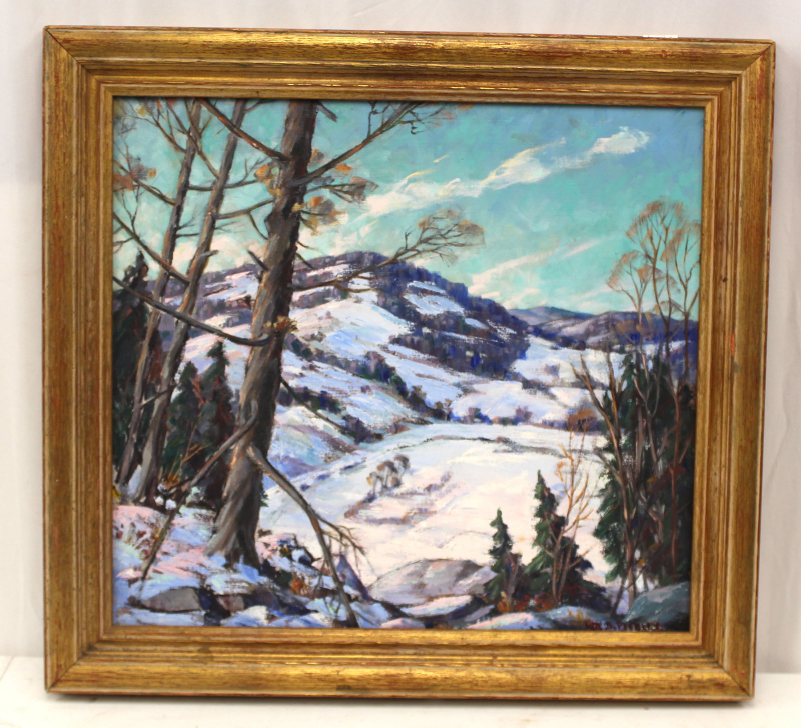 Signed Roy B Peebles o/c winter scene w exhibition label on verso - titled "Winter In The (1 of 9)