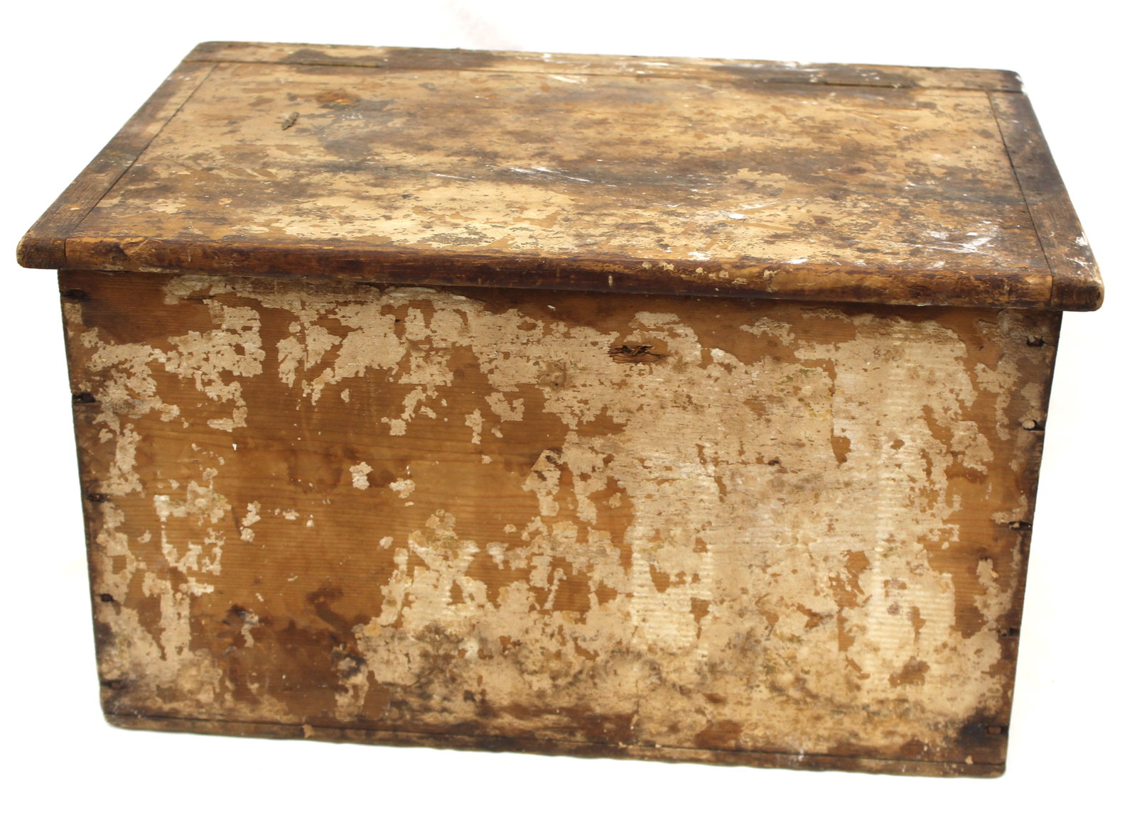Antique wooden storage box w remnants of white paint & wallpaper exterior & wallpaper & newspaper (1 of 6)