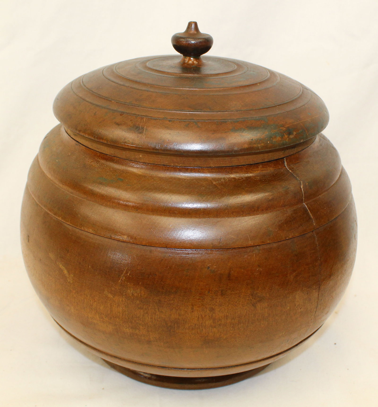 Antique large wooden round covered bowl or storage jar - 10 1/2" tall x 10" diam (1 of 9)