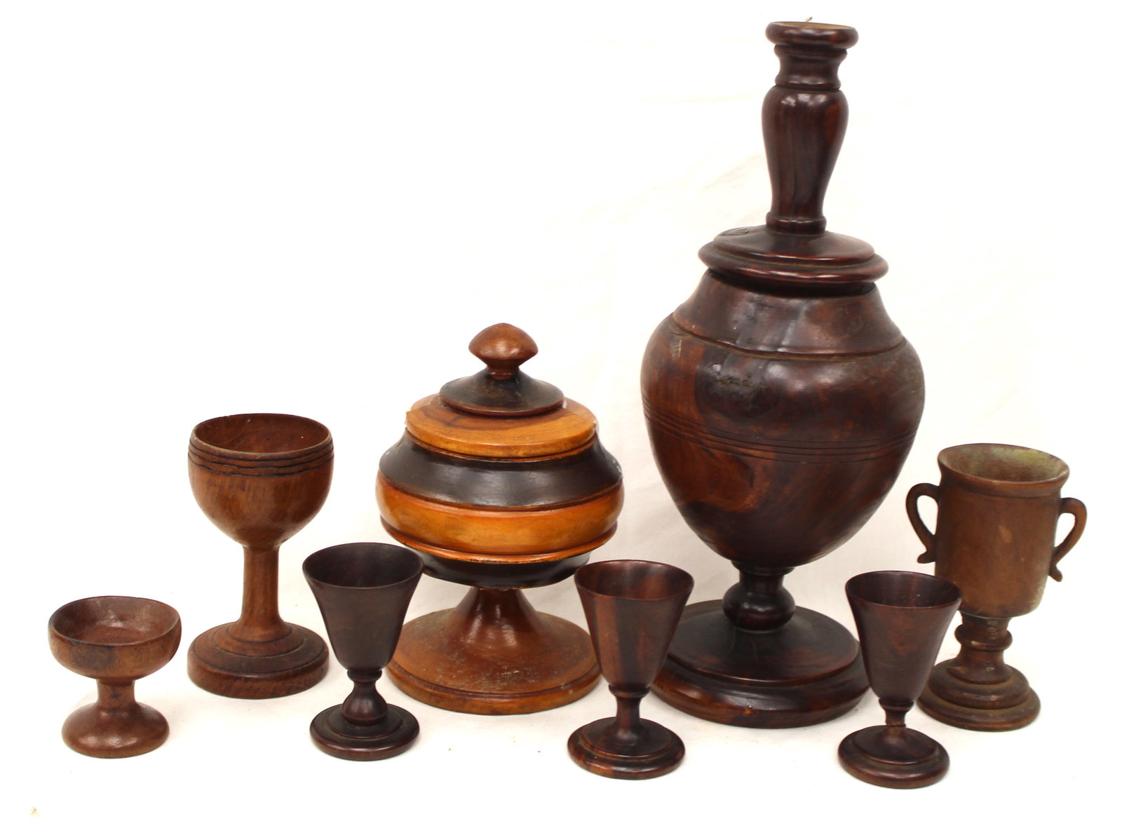 Antique treen lot w covered compote, box & cordials - 2" - 15" tall (1 of 8)