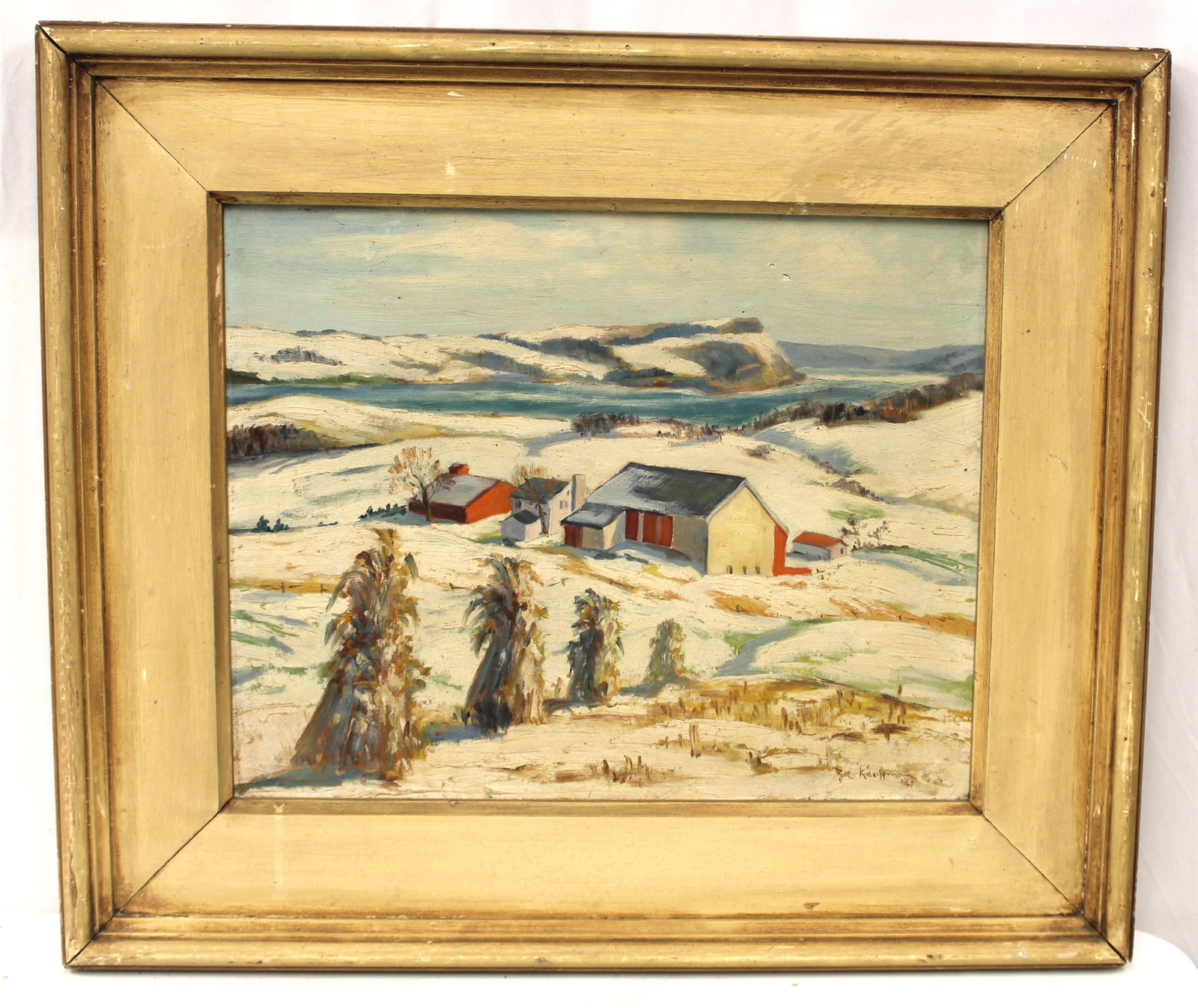 Signed Joe Kauffman o/bd winter farm scene dated '47 - overall framed size 24"x28" (1 of 9)