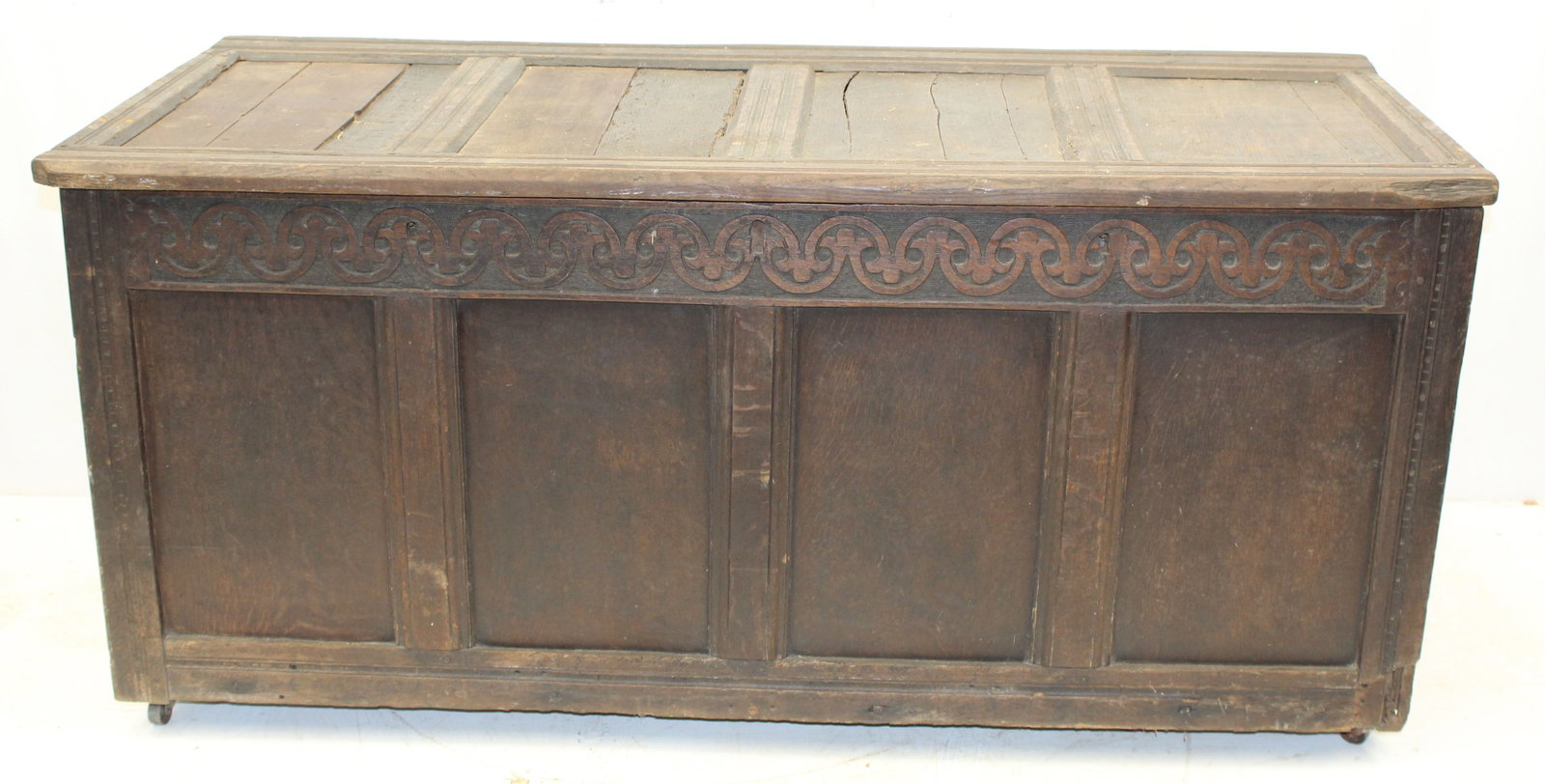 18thC oak paneled blanket chest w carved decoration - 26" tall x 56"x24 1/2" (1 of 10)