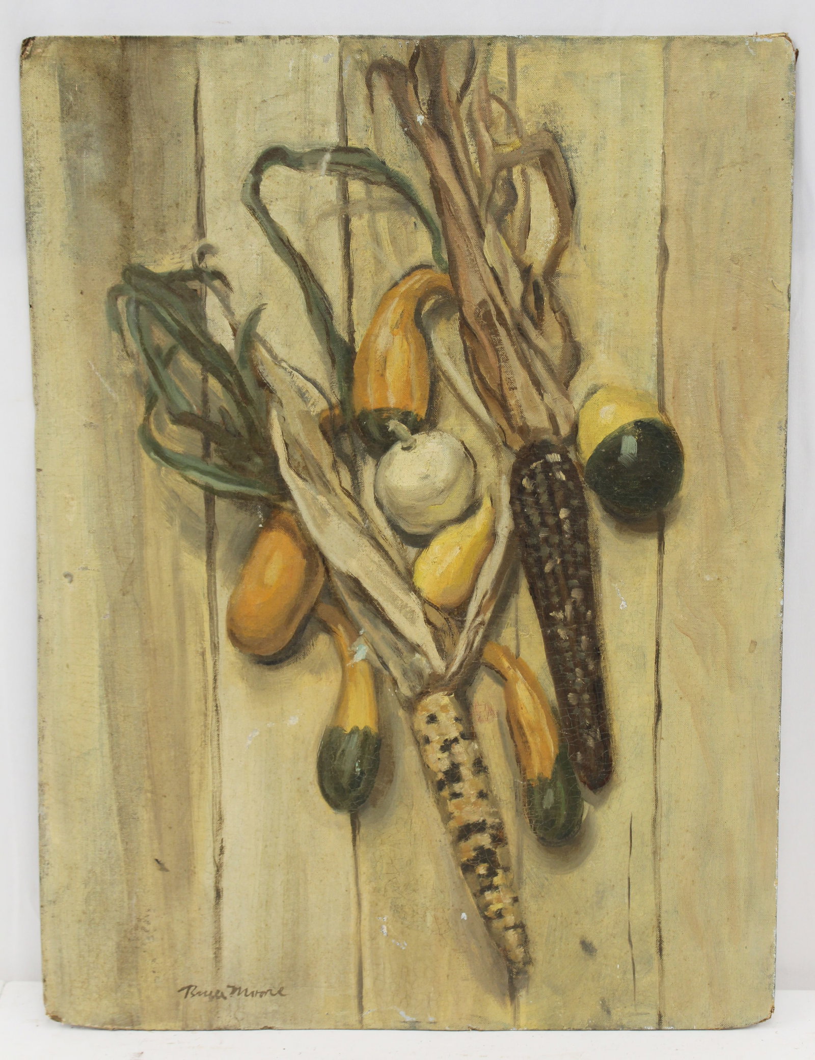 antique o/bd still life of corn & gourds - signed illegibly - unframed - 24"x18" (1 of 5)