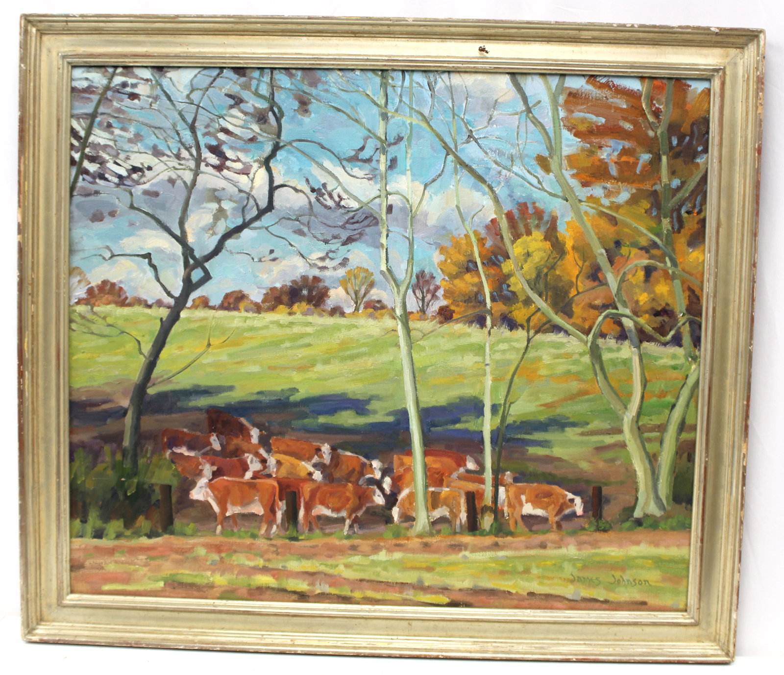 Signed James Johnson o/c of cows in landscape - overall framed size 26"x29 1/2" (1 of 9)